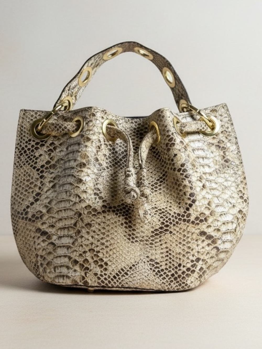 House of Harlow Snakeskin Leather Small Bucket Bag Off White Tan